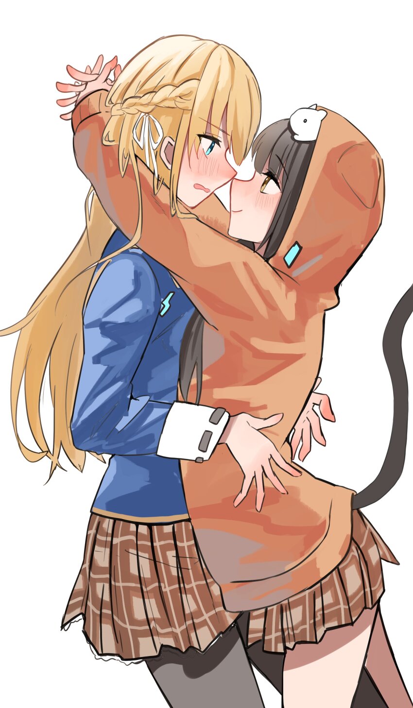 2girls absurdres anko_(ankoromoti_grma) asakura_karen_(heaven_burns_red) black_hair black_pantyhose blonde_hair blue_jacket braid green_eyes half_up_braid heaven_burns_red highres hood hood_up jacket long_hair long_sleeves multiple_girls pantyhose plaid ribbon school_uniform shirt tail toujou_tsukasa white_ribbon yellow_eyes yuri