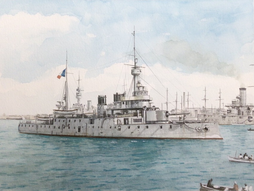 atelier_bono boat french_flag french_navy highres ironclad lecan_(ironclad) mast ocean original painting_(medium) port sky smokestack traditional_media vehicle_focus warship watercolor_(medium) watercraft