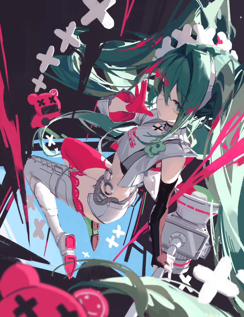 1girl absurdres asymmetrical_clothes asymmetrical_gloves asymmetrical_sleeves belt black_gloves blurry blurry_foreground boots clothes_writing colored_shoe_soles commentary crop_top detached_sleeves elbow_gloves english_commentary expressionless fingerless_gloves from_above gloves goodsmile_racing green_eyes hair_ornament hand_up hatsune_miku highres holding holding_megaphone lace-up_boots long_hair long_sleeves looking_at_viewer loong_(loong_blo) megaphone midriff miku_day parted_lips pink_gloves race_queen racing_miku racing_miku_(2025) shirt short_shorts shorts single_detached_sleeve single_thigh_boot sleeveless sleeveless_shirt solo stuffed_animal stuffed_toy teddy_bear thigh_boots twintails very_long_hair vocaloid white_boots white_shorts x_x