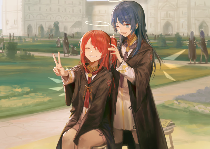 6+girls ;d ^_^ arknights black_cloak blue_eyes blue_hair building chinese_commentary cloak closed_eyes commentary_request cowboy_shot crowd dress energy_wings exusiai_(arknights) feet_out_of_frame grin halo huanxiang_heitu long_hair long_sleeves looking_at_another mostima_(arknights) multiple_girls one_eye_closed one_side_up open_mouth outdoors red_hair sitting smile standing stool tying_hair v white_dress wings