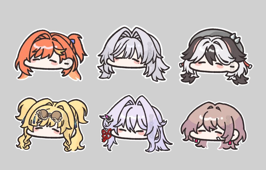 6+girls ask34927 blonde_hair brown_hair chibi chibi_only coralie_6626_planck glasses grey_hair hair_intakes erdos_helia highres honkai_(series) honkai_impact_3rd lantern_(honkai_impact) multiple_girls red_hair senadina simple_background songque songque_(astralop) thelema_nutriscu thelema_nutriscu_(mad_pleasure:_shadowbringer) white_hair