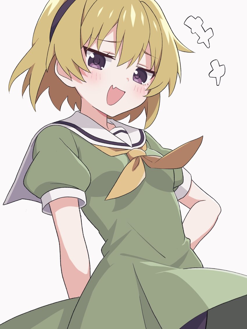 +++ 1girl :d black_hairband blonde_hair blush cowboy_shot dress fang green_dress hairband hand_on_own_hip highres higurashi_no_naku_koro_ni houjou_satoko looking_at_viewer neckerchief niyane open_mouth pantyhose purple_eyes sailor_collar short_hair short_sleeves simple_background skin_fang smile solo white_background white_sailor_collar yellow_neckerchief