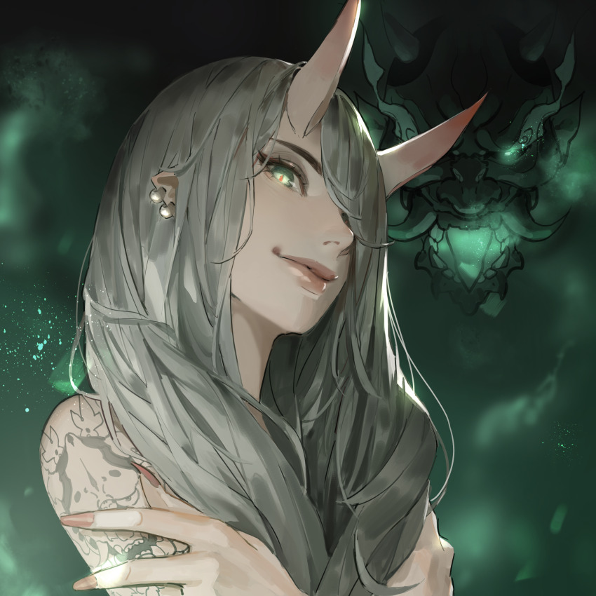 1girl absurdres arm_tattoo closed_mouth commentary dated_commentary earrings english_commentary green_eyes grey_hair hair_over_one_eye hair_over_shoulder highres horns jewelry jung_wonjo lips long_hair looking_at_viewer mask one_eye_covered oni oni_mask original portrait red_pupils self_hug skin-covered_horns smile solo tattoo