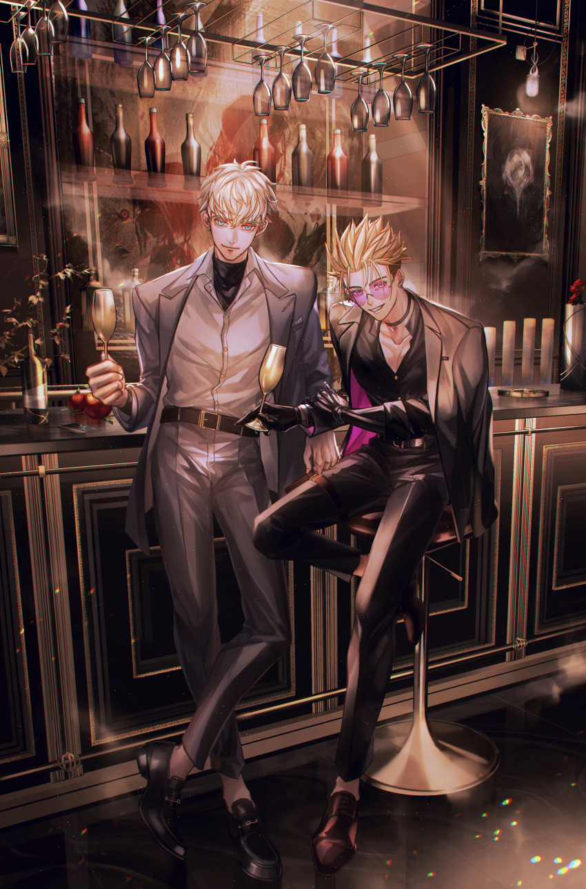2boys absurdres alcohol belt belt_buckle black_belt black_choker black_gloves black_jacket black_pants black_shirt black_shoes black_undershirt blonde_hair blue_eyes bottle brothers brown_belt brown_shoes buckle champagne champagne_bottle champagne_flute choker closed_mouth collarbone collared_shirt counter cup drinking_glass earrings flower glasses gloves grey_jacket grey_pants grin hair_between_eyes highres holding holding_cup indoors jacket jacket_on_shoulders jewelry lapels long_sleeves looking_at_viewer male_focus millions_knives mole mole_under_eye multiple_boys open_clothes open_collar open_jacket pants picture_frame pink-tinted_eyewear plant red_flower round_eyewear shelf shirt shirt_tucked_in shoes short_hair siblings single_earring sitting smile standing stool teeth tinted_eyewear trigun trigun_stampede undercut undershirt vash_the_stampede white_shirt wine_glass wing_collar yakikesen
