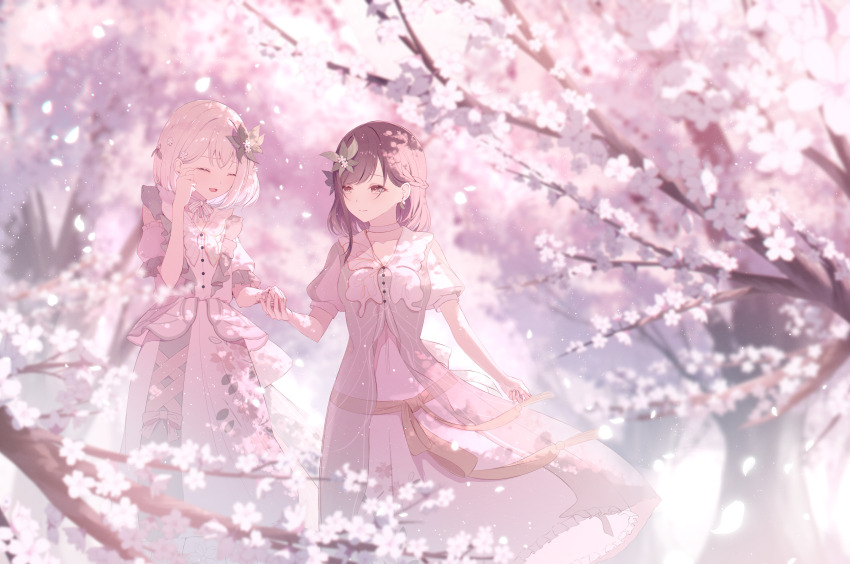 25-ji_nightcord_de._(project_sekai) 2girls absurdres akiyama_mizuki blurry bow braid branch brown_eyes brown_hair cherry_blossoms choker closed_eyes dress earrings floral_print flower frilled_dress frills hair_flower hair_ornament hand_on_own_cheek hand_on_own_face highres holding_hands howless jewelry multiple_girls open_mouth outdoors petals pink_dress pink_flower pink_theme project_sekai puffy_short_sleeves puffy_sleeves shinonome_ena short_hair short_sleeves smile spring_(season) tree white_choker white_dress white_hair