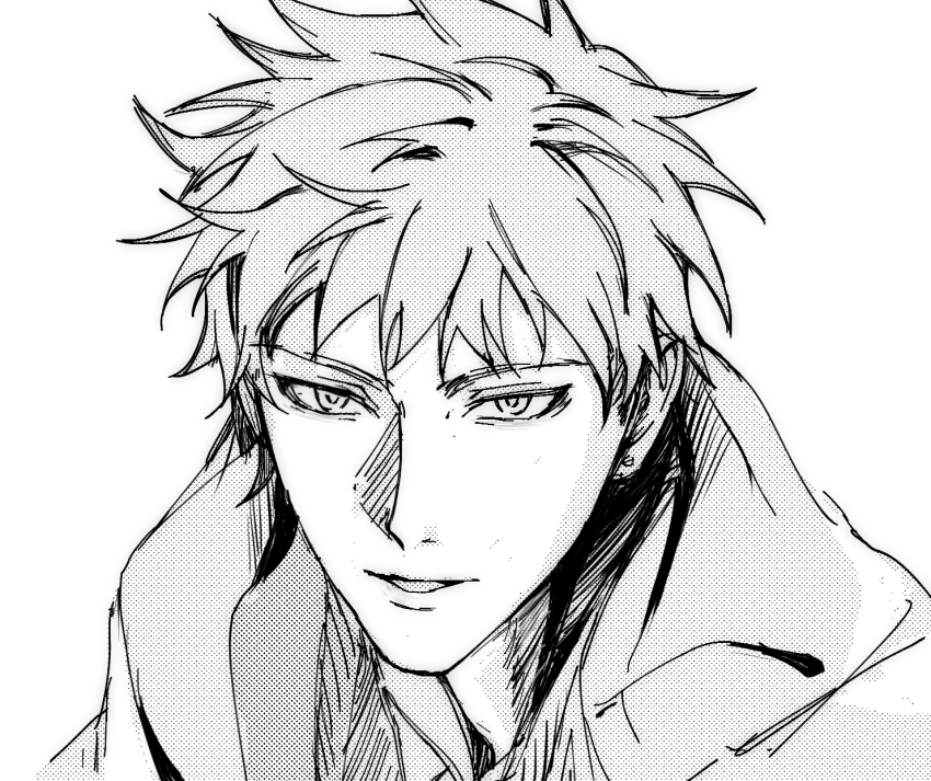 1boy atou_haruki ben-day_dots chinese_commentary commentary_request dixinyinli greyscale highres jacket looking_at_viewer male_focus monochrome open_mouth portrait saibou_shinkyoku screentones short_hair simple_background solo white_background wispy_bangs