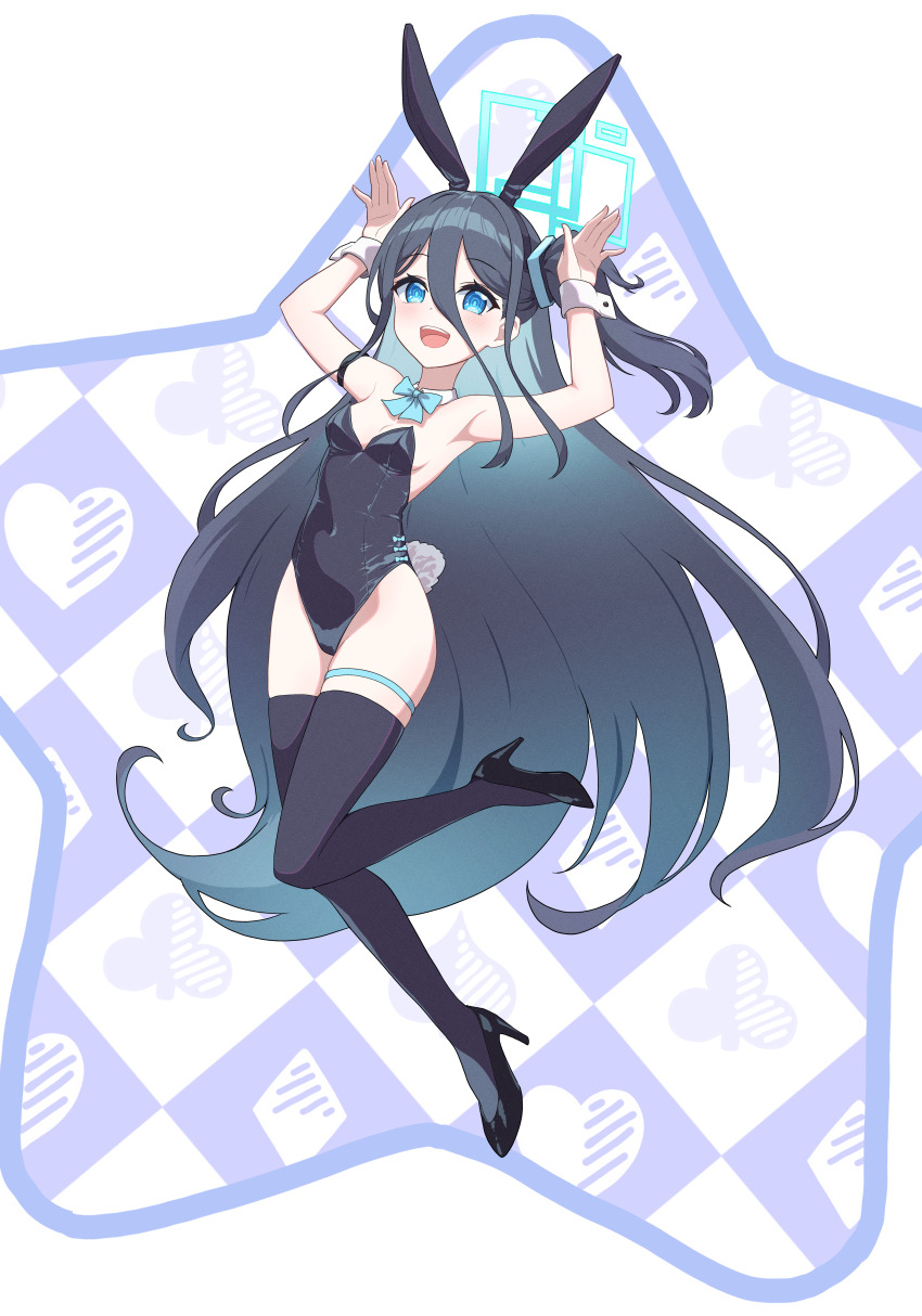 1girl absurdres alternate_costume animal_ears aris_(blue_archive) bare_shoulders black_hair black_leotard black_thighhighs blue_archive blue_eyes bow bow_choker breasts choker fake_animal_ears fake_tail full_body high_heels highres leotard long_hair looking_at_viewer one_side_up rabbit_ears rabbit_pose rabbit_tail small_breasts solo star_(symbol) tail teeth thighhighs upper_teeth_only very_long_hair white_background white_choker wrist_cuffs wuqi_wupenguin