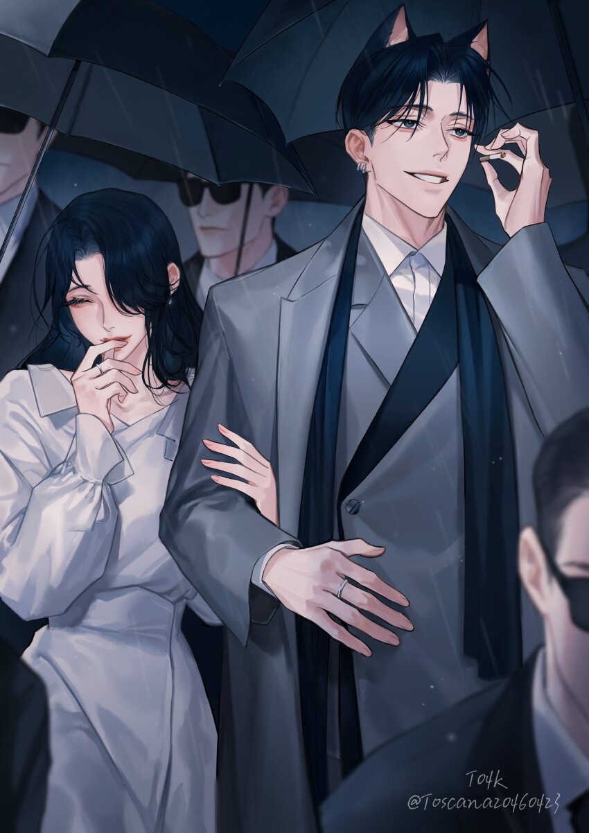 1girl 1other 4boys animal_ears artist_name black_hair black_jacket black_scarf black_umbrella blurry blurry_background blurry_foreground cat_ears cigarette closed_eyes closed_mouth coat coat_dress collarbone couple cowboy_shot dress earrings eyeshadow fingernails grey_coat grey_eyes hair_over_one_eye hand_on_own_face hetero highres holding holding_another&#039;s_arm holding_cigarette holding_umbrella jacket jewelry long_sleeves looking_to_the_side makeup multiple_boys original outdoors parted_lips puffy_long_sleeves puffy_sleeves rain ring scarf shirt short_hair smile sunglasses teeth thick_lips toscana20460423 twitter_username umbrella upper_body wedding_ring white_coat white_shirt