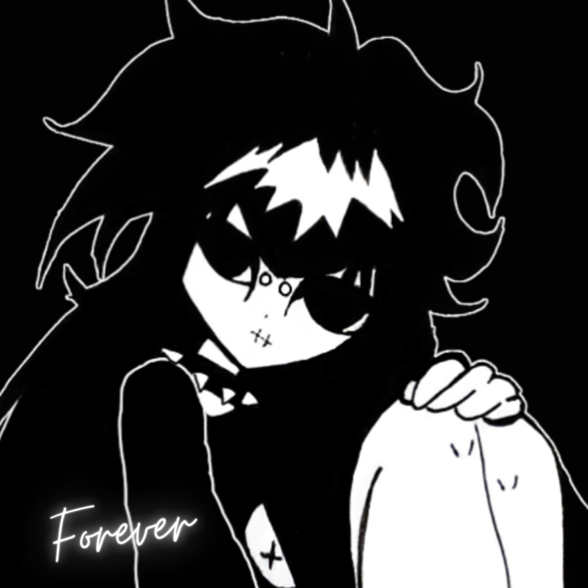 bridge_piercing choker face_piercing goth_fashion greyscale hands_on_own_knees highres mall_goth messy_hair monochrome mouth_piercing multicolored_hair piercing shyne_morales sitting spiked_choker spikes streaked_hair