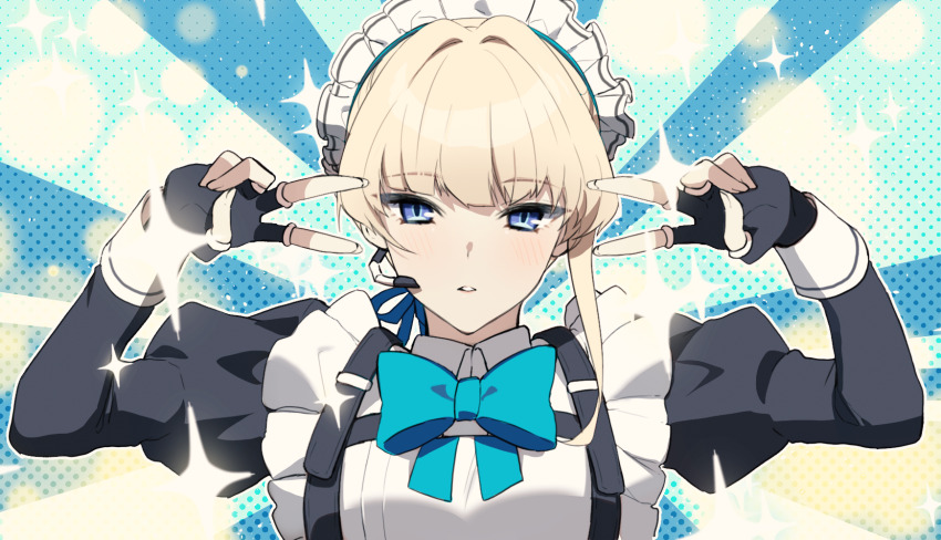 1girl apron blonde_hair blue_archive blue_bow blue_eyes bow double_v earpiece emotional_engine_-_full_drive fingerless_gloves gloves highres juliet_sleeves long_sleeves maid_apron maid_headdress puffy_sleeves pukku sparkle toki_(blue_archive) v