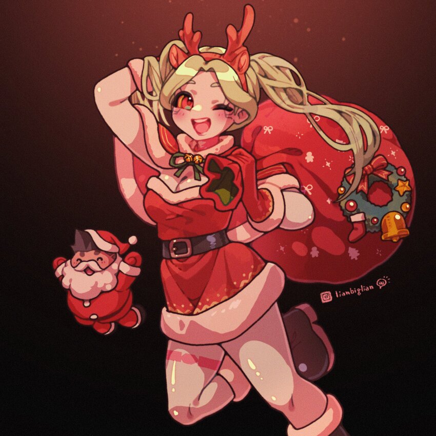1boy 1girl artist_name breasts chibi christmas christmas_wreath cleavage colored_skin cyberpunk_(series) cyberpunk_edgerunners david_martinez gloves hat highres leg_tattoo lianbiglian one_eye_closed rebecca_(cyberpunk) santa_costume santa_hat tattoo wreath