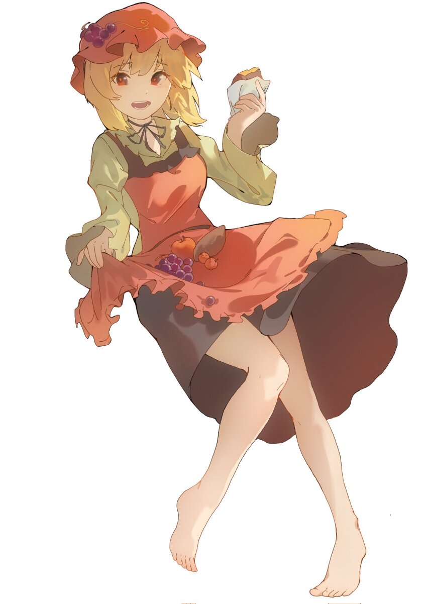 1girl aki_minoriko apple apron apron_basket barefoot black_ribbon black_skirt blonde_hair choker commentary food fruit fruit_request full_body grape_hat_ornament grapes highres holding holding_food kinoko_(kino2435006) long_sleeves looking_at_viewer open_mouth orange_apron red_eyes ribbon ribbon_choker roasted_sweet_potato shirt simple_background skirt smile solo sweet_potato tachi-e teeth touhou upper_teeth_only white_background yellow_shirt