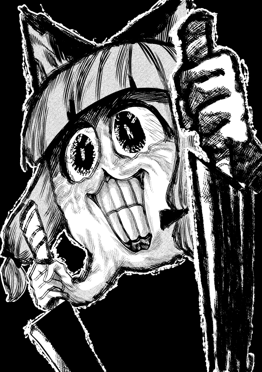 1girl absurdres animal_ears bloodshot_eyes blue_archive blunt_bangs cat_ears commentary_request creature death_momoi_(meme) dual_wielding full_body greyscale hanakusogamu highres holding holding_knife horror_(theme) kitchen_knife knife meme momoi_(blue_archive) monochrome reverse_grip short_hair simple_background solo teeth wide-eyed