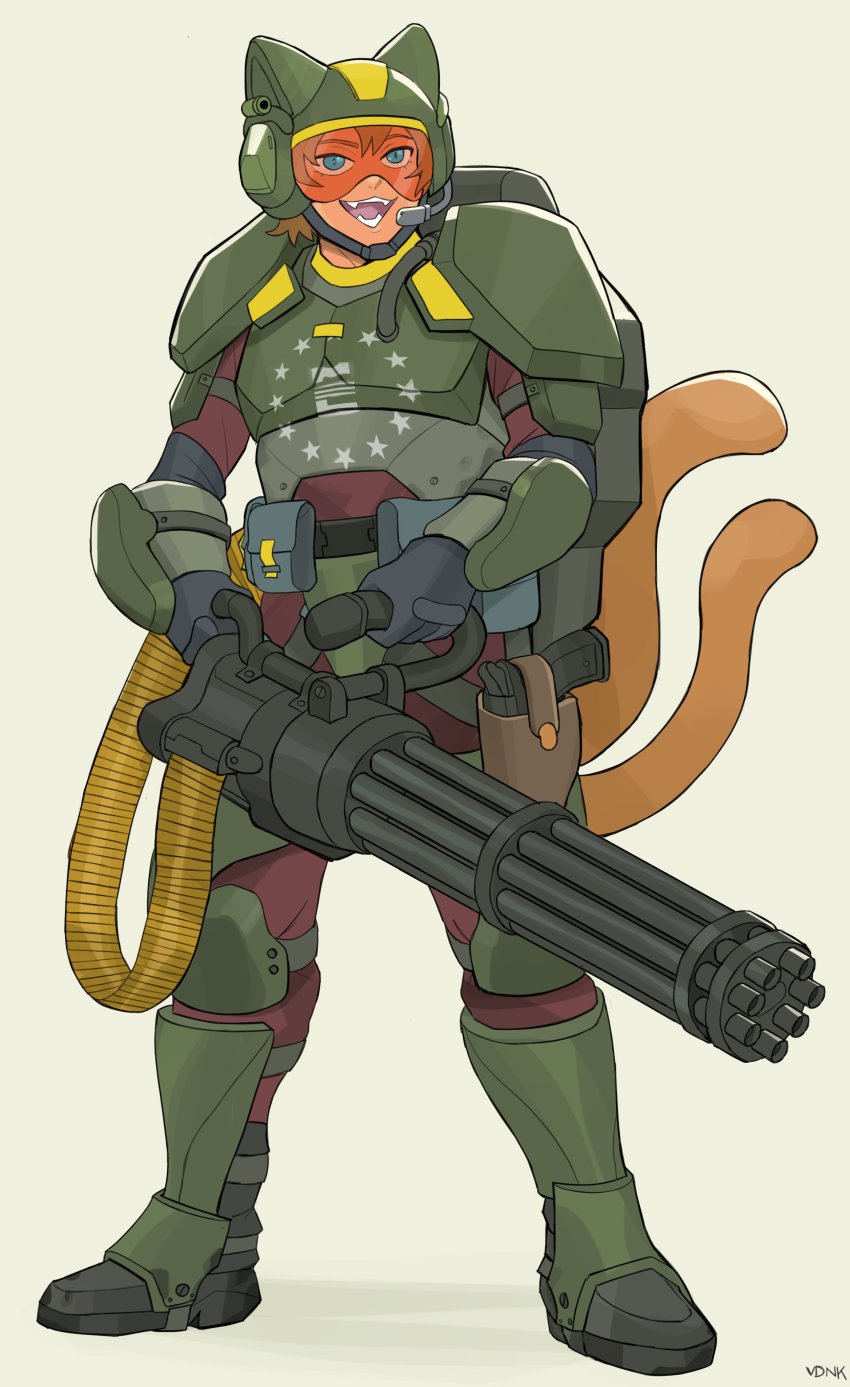 19vodnik absurdres ammunition_pouch animal_ears armor blue_eyes bulletproof_vest cat_ears cat_girl cat_tail fallout fangs gatling_gun gun handgun helmet highres holding holding_weapon knee_pads military military_uniform minigun pouch shoulder_armor tail visor_(armor) weapon