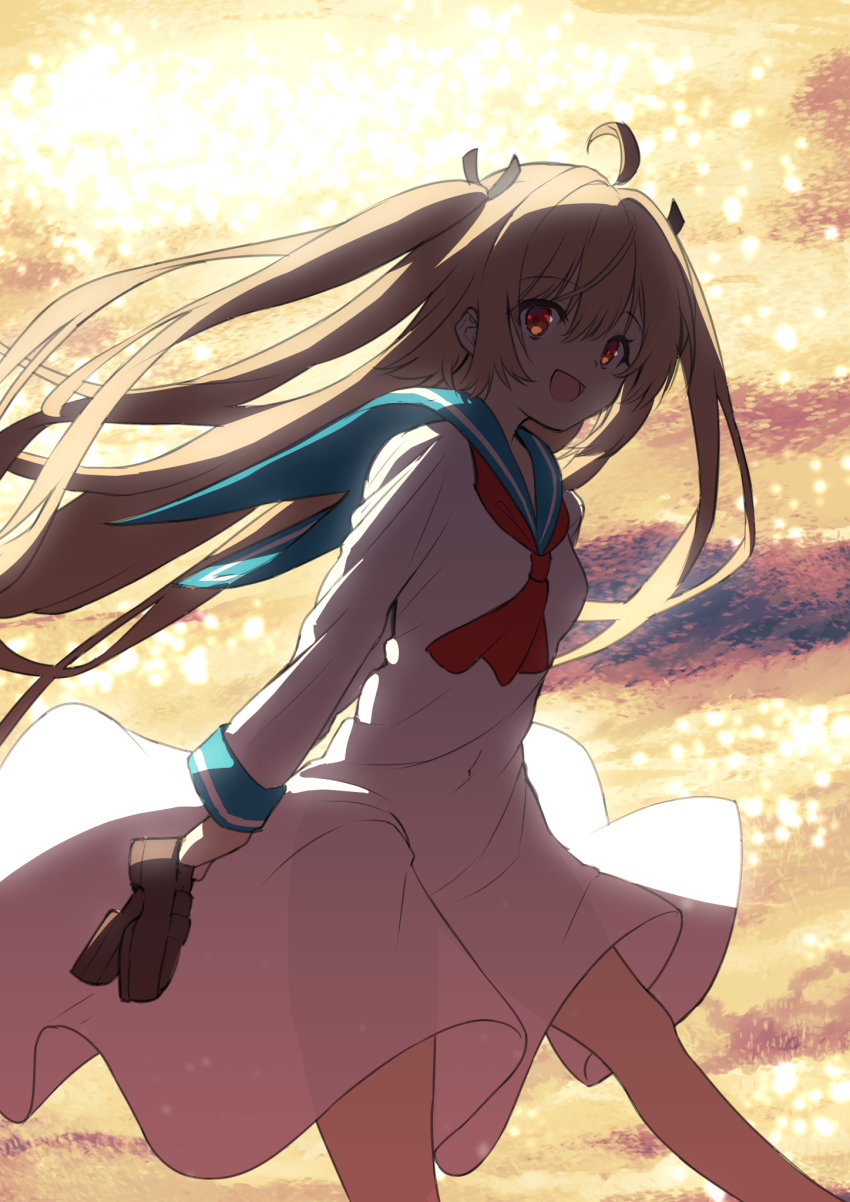 1girl :d ahoge ascot atri atri-my_dear_moments- backlighting black_bow blue_sailor_collar bow brown_hair brown_shoes commentary dress feet_out_of_frame floating_clothes floating_hair hair_between_eyes hair_bow happy highres holding holding_shoes loafers long_hair long_sleeves looking_at_viewer ocean open_mouth outdoors red_ascot red_eyes sailor_collar sailor_dress see-through_clothes see-through_dress shiba_nanasei shoes smile solo standing sunset symbol-only_commentary tareme two_side_up very_long_hair white_dress wide_sleeves