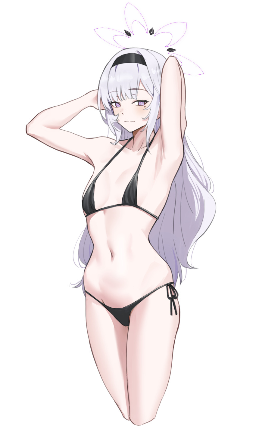 1girl absurdres armpits bare_shoulders bikini black_bikini black_headband blue_archive boyin cropped_legs flat_chest hair_between_eyes halo hand_up headband highres himari_(blue_archive) long_hair looking_at_viewer midriff navel purple_eyes side-tie_bikini_bottom stomach string_bikini swimsuit white_background white_hair white_halo