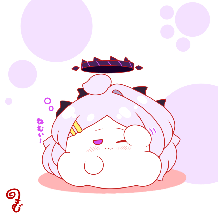 ahoge blue_archive blush chibi closed_mouth colored_shadow facing_viewer grey_hair hair_ornament hairclip halo highres hina_(blue_archive) horns kurukurumagical long_hair one_eye_closed parted_bangs rubbing_eyes shadow single_hair_intake sitting solo translation_request very_long_hair wavy_mouth white_background