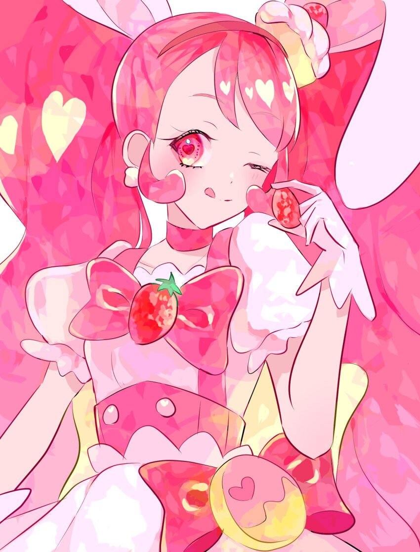 1girl ;d animal_ears big_hair bow bow_skirt bowtie buttons choker closed_mouth collarbone cowboy_shot cure_whip dot_nose earrings extra_ears eyelashes food food-themed_clothes food-themed_hair_ornament frilled_sleeves frills fruit gloves hair_ornament heart heart_print high-waist_skirt highres holding holding_food holding_fruit jewelry kirakira_precure_a_la_mode light_blush long_hair looking_at_viewer magical_girl narumi_kanata one_eye_closed open_mouth pink_background pink_bag pink_bow pink_bowtie pink_choker pink_eyes pink_hair pink_vest pleated_skirt pom_pom_(clothes) pom_pom_earrings precure puffy_short_sleeves puffy_sleeves rabbit_ears rabbit_girl shirt short_sleeves skirt skirt_set smile solo square_neckline standing strawberry strawberry_brooch tongue tongue_out twintails two-tone_background usami_ichika very_long_hair vest waist_bag white_gloves white_shirt white_skirt yellow_background yellow_bag