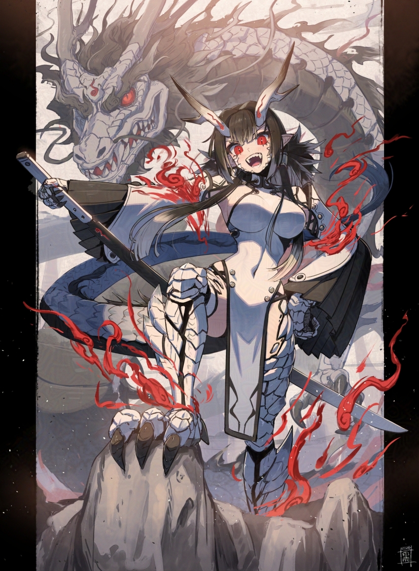 1girl black_hair claws dragon highres holding holding_weapon horns impossible_clothes katana kuroi_susumu oni original pelvic_curtain pointy_ears red_eyes sword weapon
