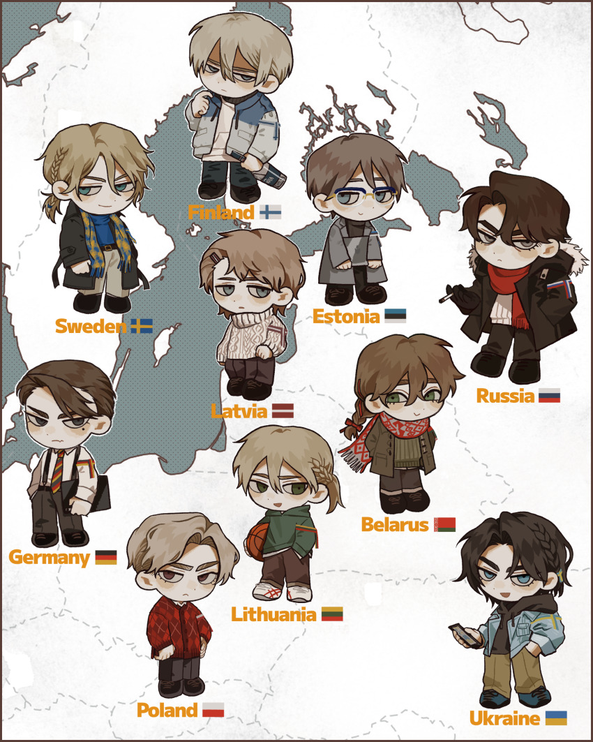 6+boys :&gt; absurdres belarus_(saboten92) black_footwear blonde_hair blue_eyes braid brown_coat brown_hair brown_pants character_name closed_mouth coat estonia_(saboten92) estonian_flag europe_map finland_(saboten92) finnish_flag german_flag germany_(saboten92) highres latvia_(saboten92) latvian_flag lithuania_(saboten92) lithuanian_flag long_hair map multiple_boys original pants personification poland_(saboten92) polish_flag red_scarf russia_(saboten92) russian_flag saboten92 scarf shoes short_hair smile sweater sweden_(saboten92) swedish_flag ukraine_(saboten92) ukrainian_flag white_sweater