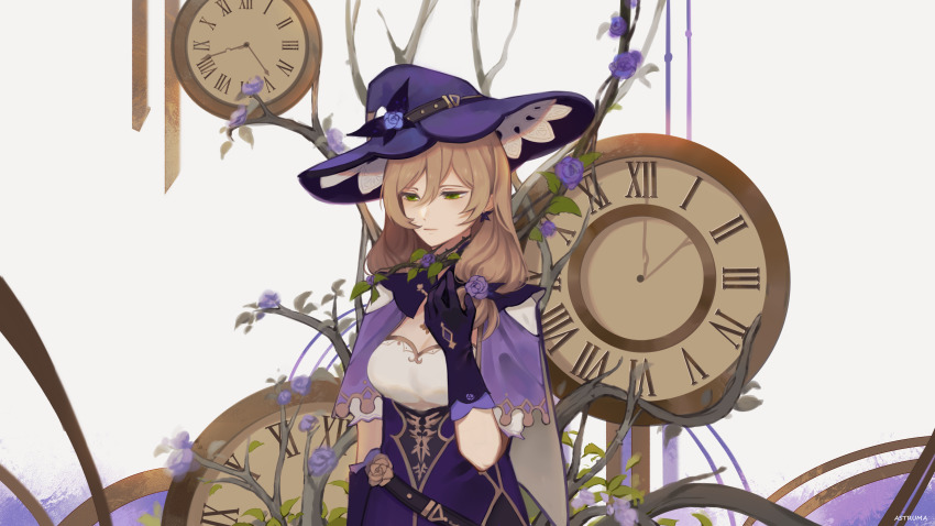 1girl abstract_background absurdres arm_up artist_name astruma2 blonde_hair breasts capelet clock commentary dress english_commentary flower genshin_impact gloves green_eyes half-closed_eyes hat highres large_breasts lisa_(genshin_impact) long_hair puffy_short_sleeves puffy_sleeves purple_capelet purple_dress purple_flower purple_gloves purple_hat roman_numeral sad short_sleeves solo tired upper_body white_background witch_hat
