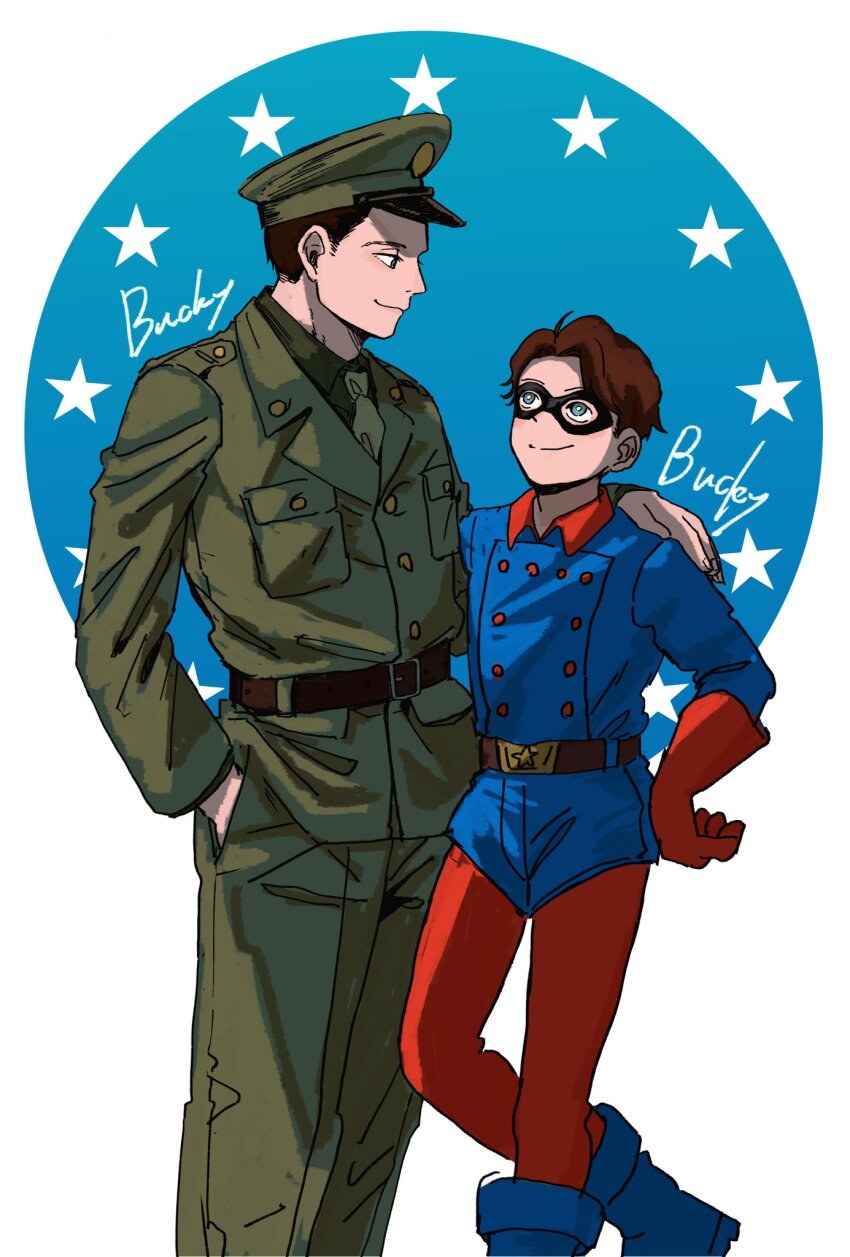 2boys animification belt black_mask blue_bodysuit blue_boots blue_eyes bodysuit boots breast_pocket brown_belt brown_hair bucky_barnes buttons captain_america:_the_first_avenger captain_america_(series) character_name child closed_mouth collared_bodysuit collared_shirt commentary_request dual_persona eye_mask fingernails gloves green_hat green_jacket green_necktie green_pants green_shirt hand_in_pocket hand_on_another&#039;s_shoulder hat highres jacket lapels leggings long_sleeves looking_at_another male_focus marvel marvel_cinematic_universe military_hat military_jacket military_uniform multiple_boys necktie pants pocket red_gloves red_leggings san_ko shirt short_hair smile standing star_(symbol) star_symbol_background