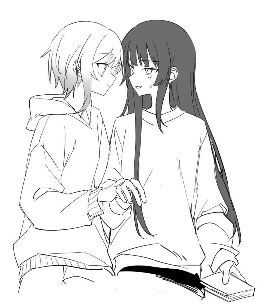 2girls blush book greyscale highres holding holding_book holding_hands hood hoodie long_hair mahou_shoujo_no_majo_saiban monochrome multiple_girls nikaido_hiro parted_lips sakuraba_ema shirt short_hair shorts sitting smile sweatdrop wuubaiwan yuri