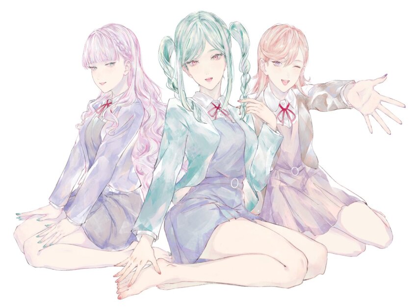 3girls :d ;d aqua_hair barefoot blue_jacket blunt_bangs braid collared_shirt commentary_request dress dress_shirt feet full_body green_eyes grey_dress grin jacket lone_nape_hair long_hair long_sleeves love_live! love_live!_superstar!! medium_hair multiple_girls neck_ribbon one_eye_closed onitsuka_tomari open_clothes open_jacket open_mouth orange_eyes orange_hair pale_color pleated_dress purple_eyes purple_hair red_ribbon ribbon school_uniform shibuya_kanon shirt short_dress side_braids sidelocks sitting smile teeth toes tomakanote_(love_live!) twin_braids very_long_hair wariza wavy_hair white_shirt wien_margarete winter_uniform yokozuwari yoruneko_yashiro yuigaoka_school_uniform