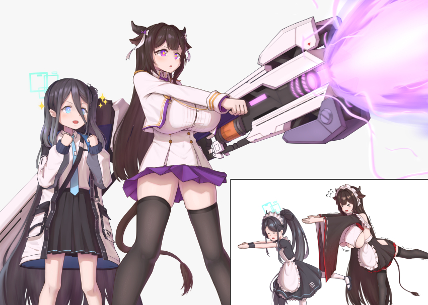&gt;_&lt; +_+ 2girls ^_^ absurdly_long_hair absurdres animal_ears apron aqua_halo aqua_ribbon aris_(blue_archive) aris_(maid)_(blue_archive) azur_lane bare_legs black_dress black_hair black_hairband black_shoes black_thighhighs blue_archive blue_eyes blue_hair blush boots breasts brown_hair buttons clenched_hands closed_eyes clothes_lift collared_shirt commentary_request commission cow_ears cow_girl cow_horns cow_tail crossover double-breasted dress energy_beam english_text firing flying_sweatdrops frilled_apron frills full_body gradient_hair hair_between_eyes hairband halo hands_up highres holding holding_weapon horns huge_breasts jacket jidong_gongbing kashino_(azur_lane) kashino_(maid_for_mayhem)_(azur_lane) long_bangs long_hair long_hair_between_eyes long_sleeves loosely_tucked_bangs maid maid_apron maid_headdress mary_janes meme military_uniform miniskirt multicolored_hair multiple_girls necktie official_alternate_costume open_clothes pantyhose pixiv_commission pleated_skirt ponytail purple_skirt railgun rectangular_halo red_skirt ribbon sakana~_(meme) school_uniform shirt shoes simple_background skirt skirt_lift standing standing_on_one_leg stretching tail thighhighs very_long_hair weapon white_apron white_background white_jacket white_pantyhose white_shirt zettai_ryouiki