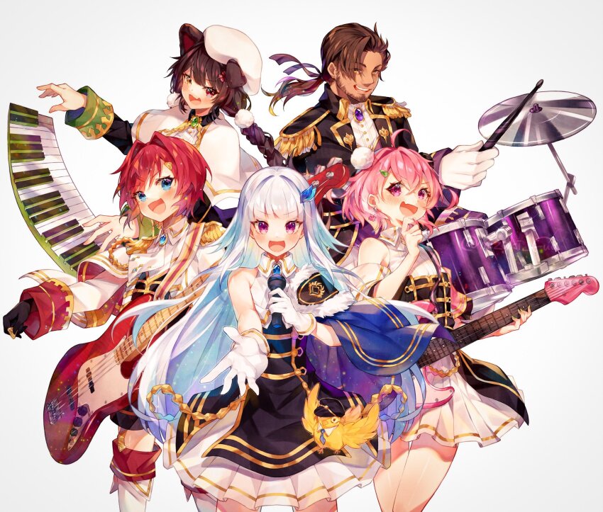 1boy 4girls :d ange_katrina animal animal_ears band_(music) bass_guitar belmond_banderas beret bird black_dress black_gloves black_hat black_jacket black_shorts blue_cape blue_eyes blue_gemstone blue_hair blush boots braid brown_hair cape capelet clothed_animal collared_dress collared_jacket colored_inner_hair commentary_request cymbals dog_ears dress drum drum_set drumsticks earrings electric_guitar epaulettes fang finger_to_own_chin floating_instrument flower fold-over_boots gem gloves gold_trim green_gemstone grey_background group_picture guitar hair_flower hair_intakes hair_ornament hair_ribbon hairclip hands_up hat heterochromia highres holding holding_drumsticks holding_guitar holding_instrument holding_microphone holding_plectrum idol_clothes instrument inui_toko jacket jewelry keyboard_(instrument) layered_dress lize_helesta long_hair long_sleeves looking_at_viewer low_ponytail low_twin_braids microphone mizuki_fua multicolored_hair multiple_girls music necktie nijisanji official_alternate_costume open_mouth pink_hair playing_bass_guitar playing_drum playing_guitar playing_instrument pleated_dress plectrum pom_pom_(clothes) pom_pom_hair_ornament ponytail purple_eyes purple_gemstone purple_ribbon red_eyes red_hair ribbon sasaki_saku sebastian_piyodore short_dress short_hair shorts shoulder_pads side_cape simple_background single_bare_shoulder single_ear_down single_shoulder_pad skin_fang sleeve_cuffs sleeveless sleeveless_dress smile streaked_hair thigh_boots twin_braids two-tone_hair very_long_hair virtual_youtuber white_capelet white_dress white_gloves white_hair white_hat white_jacket wireless_microphone yellow_bird yellow_eyes