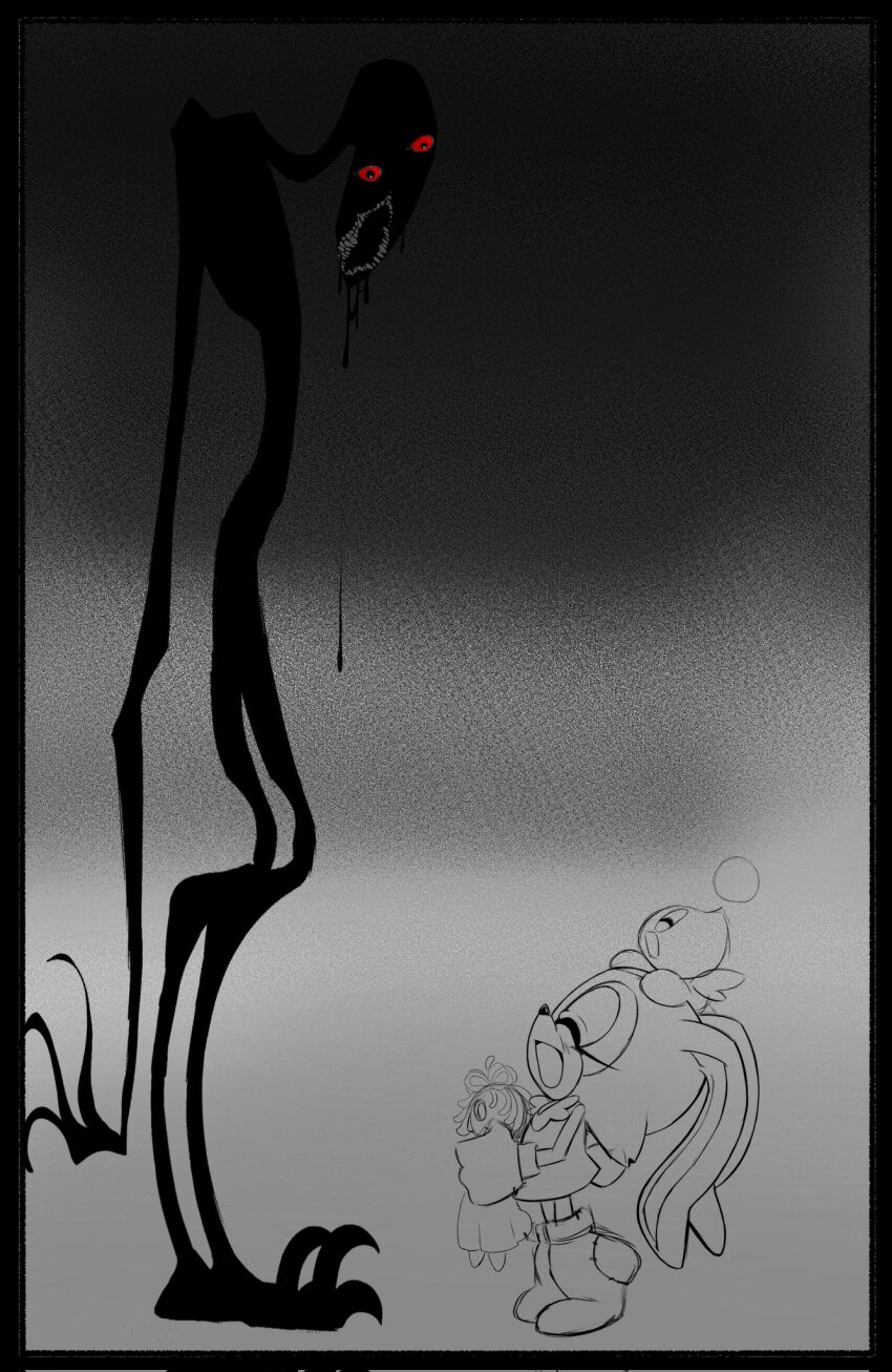 1boy 1girl 1other ^_^ animal animal_ears animal_on_head butterfly_wings cheese_(sonic) child closed_eyes cream_the_rabbit darkness doll fingernails greyscale highres holding holding_doll horror_(theme) insect_wings long_arms long_eyelashes monochrome monster nightgown on_head ooze rabbit_ears rabbit_girl rabbit_tail raggedy_ann red_eyes saliva sharp_fingernails sharp_toenails smile socks sonic_(series) tail talons toenails twentyann unfinished vertical_mouth wings