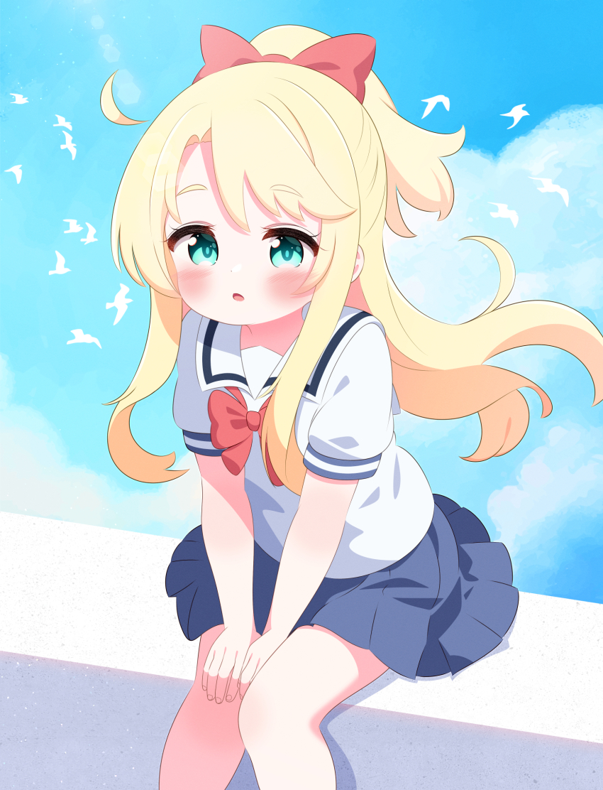 1girl ahoge animal aqua_eyes bird blonde_hair blue_skirt blush bow bowtie cloud collarbone hair_bow highres himesaka_noa leaning_forward lens_flare long_hair looking_at_viewer open_mouth ponytail r245 red_bow red_bowtie school_uniform shirt short_sleeves sitting skirt sky watashi_ni_tenshi_ga_maiorita! white_shirt