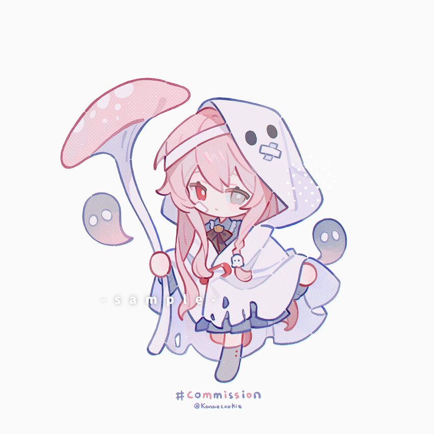 1girl blue_skirt boots bow bowtie bright_pupils brown_bow brown_bowtie chibi chibi_only cloak closed_mouth commission full_body ghost grey_boots grey_eyes heterochromia highres holding holding_mushroom hood hood_up hooded_cloak kanae_(cookie) long_hair looking_at_viewer mushroom original pink_hair pleated_skirt red_eyes simple_background skirt solo standing standing_on_one_leg twitter_username white_background white_cloak white_pupils