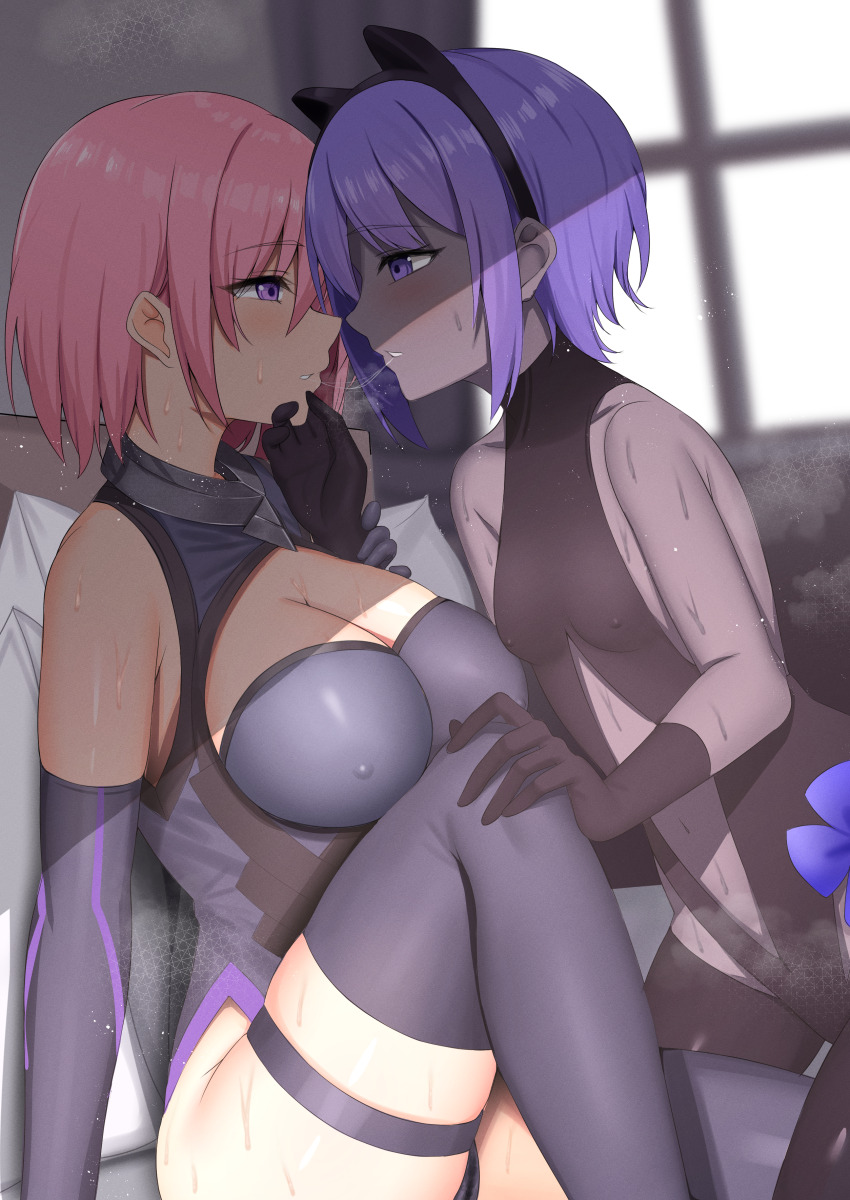 2girls absurdres bare_shoulders black_gloves blush breasts cleavage covered_erect_nipples dark-skinned_female dark_skin elbow_gloves fate/grand_order fate_(series) from_side gloves hassan_of_serenity_(fate) highres kanikou large_breasts mash_kyrielight mash_kyrielight_(demi-servant) multiple_girls parted_lips pink_hair purple_eyes purple_gloves purple_hair purple_thighhighs saliva saliva_trail short_hair sitting small_breasts sweat thigh_strap thighhighs thighs yuri
