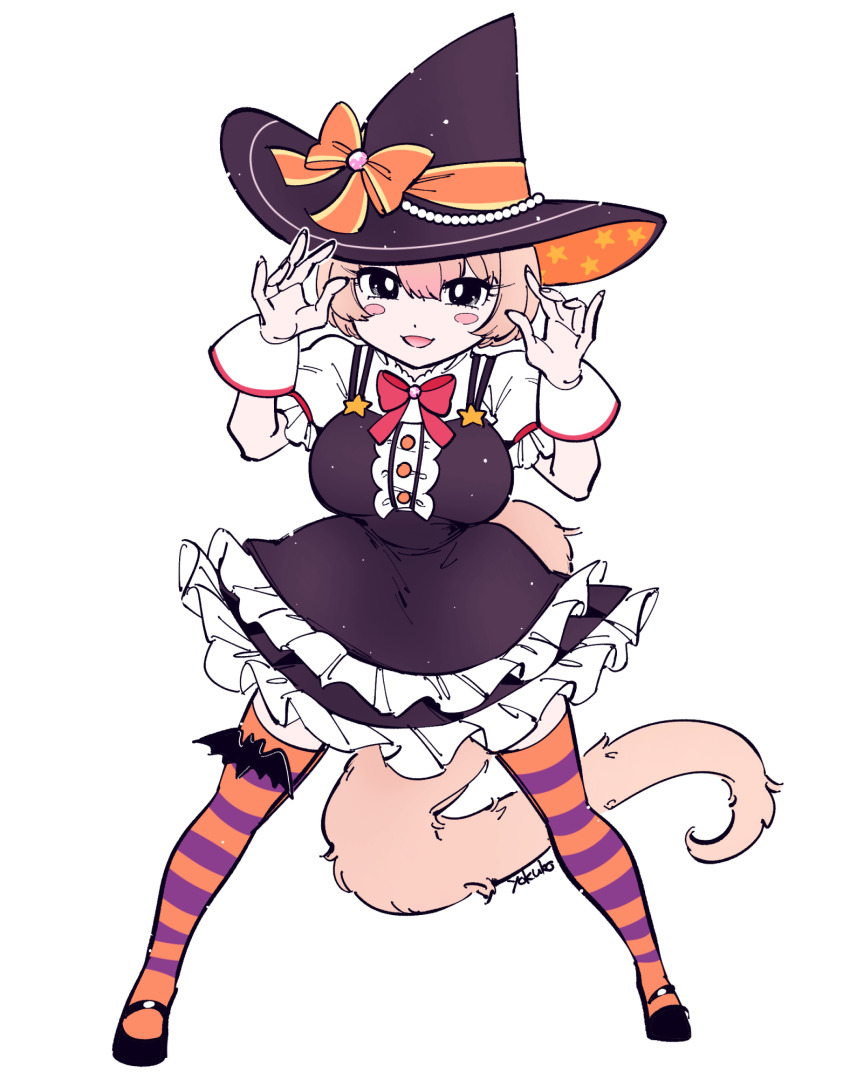 1girl anteater_ears anteater_tail black_dress black_hat blush bow breasts claw_pose dress frilled_dress frilled_sleeves frills halloween_costume hat hat_bow highres kemono_friends kemono_friends_3 large_breasts looking_at_viewer puffy_sleeves short_hair silky_anteater_(kemono_friends) solo striped_clothes striped_thighhighs thighhighs witch witch_hat yokuko_zaza