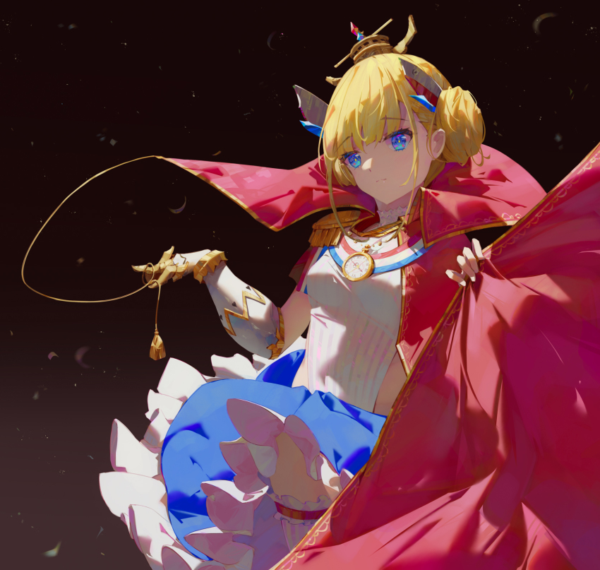 1girl azur_lane blonde_hair blue_eyes breasts cape epaulettes gloves hair_bun headgear high_collar highres le_triomphant_(azur_lane) miniskirt naycot red_cape single_epaulette skirt small_breasts solo striped_clothes striped_thighhighs thighhighs tutu vertical-striped_clothes vertical-striped_thighhighs watch white_gloves white_skirt