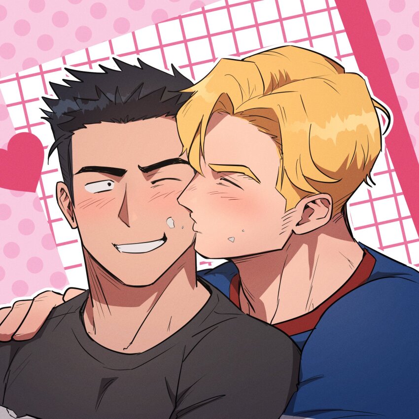 2boys ao_isami black_hair black_shirt blonde_hair blue_shirt closed_eyes commentary crew_neck curtained_hair facial_hair grid_background grin hand_on_another&#039;s_shoulder hashtag-only_commentary heart highres kiss kissing_cheek lewis_smith looking_to_the_side male_focus multiple_boys one_eye_closed parted_hair polka_dot shirt short_hair sideburns sideburns_stubble sideways_glance smile stubble t-shirt teeth wasted_m9 yaoi yuuki_bakuhatsu_bang_bravern