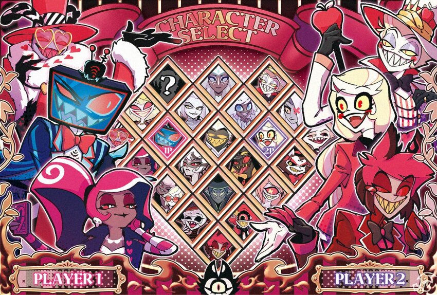 6+boys 6+girls adam_(hazbin_hotel) alastor_(hazbin_hotel) angel_dust animal_ears black_bow black_bowtie blonde_hair bow bowtie cane carmilla_carmine_(hazbin_hotel) character_select charlie_morningstar cherri_bomb clara_(hazbin_hotel) coat colored_sclera colored_skin dark-skinned_female dark_skin deer_ears earrings emily_(hazbin_hotel) fangs fur-trimmed_coat fur_trim glasses grin hat hazbin_hotel heart heart-shaped_eyewear heterochromia holding holding_cane holding_phone hoop_earrings husk_(hazbin_hotel) iduhara_jugo jacket jewelry katie_killjoy keekee_(hazbin_hotel) lipstick long_sleeves lucifer_morningstar_(hazbin_hotel) lute_(hazbin_hotel) makeup monocle multiple_boys multiple_girls niffty_(hazbin_hotel) object_head odette_(hazbin_hotel) phone pink_hair ponytail purple_skin red_coat red_hat red_jacket red_sclera rosie_(hazbin_hotel) sharp_teeth sir_pentious skull_earrings smile teeth television top_hat vaggie valentino_(hazbin_hotel) velvette_(hazbin_hotel) vox_(hazbin_hotel) white_hat white_skin yellow_sclera yellow_teeth zestial_(hazbin_hotel)