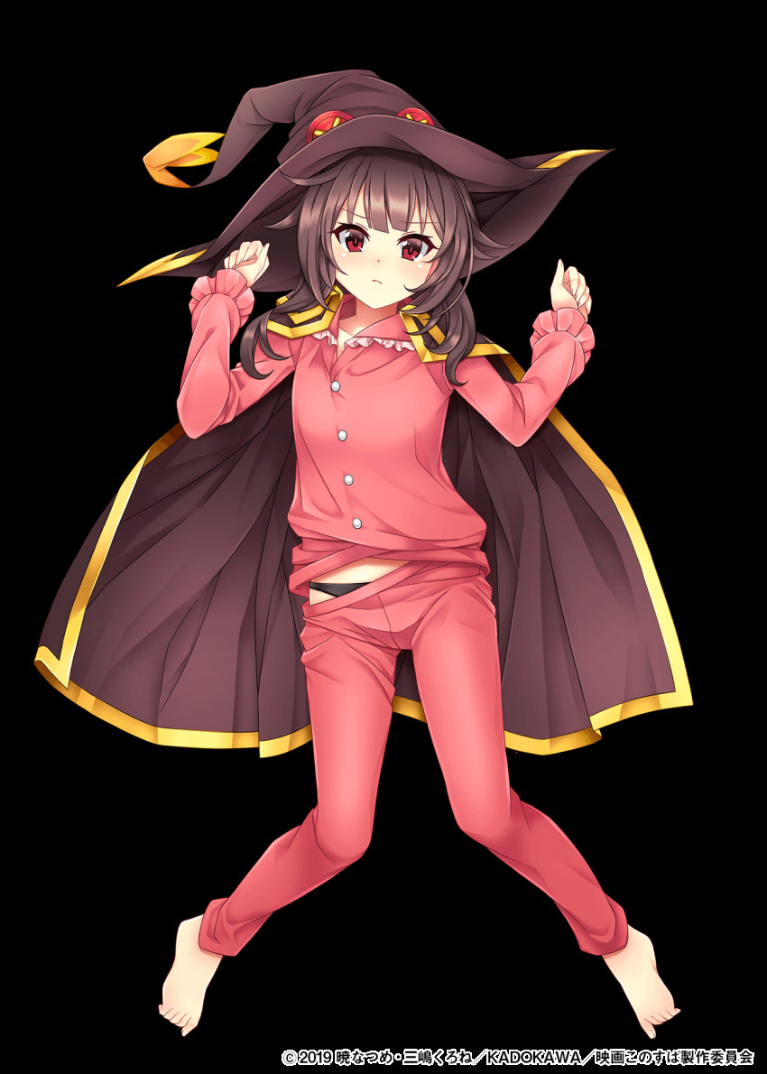 1girl barefoot black_hat black_panties breasts brown_hair cloak crossover edamame_senpai female_focus full_body hat highres kono_subarashii_sekai_ni_shukufuku_wo! long_sleeves looking_at_viewer medium_hair megumin official_art pajamas panties pants panty_peek red_eyes simple_background small_breasts solo transparent_background underwear vivid_army watermark white_background witch_hat
