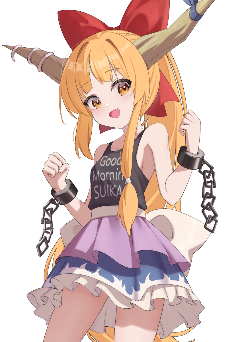 1girl :d absurdres back_bow black_tank_top blue_skirt blunt_bangs bow breasts brown_horns chain clothes_writing commentary cowboy_shot cuffs fang frilled_skirt frills hair_bow hair_intakes hands_up highres horns ibuki_suika long_hair looking_at_viewer oeyama open_mouth orange_eyes orange_hair purple_skirt red_bow simple_background skin_fang skirt small_breasts smile solo tank_top touhou very_long_hair white_background white_bow