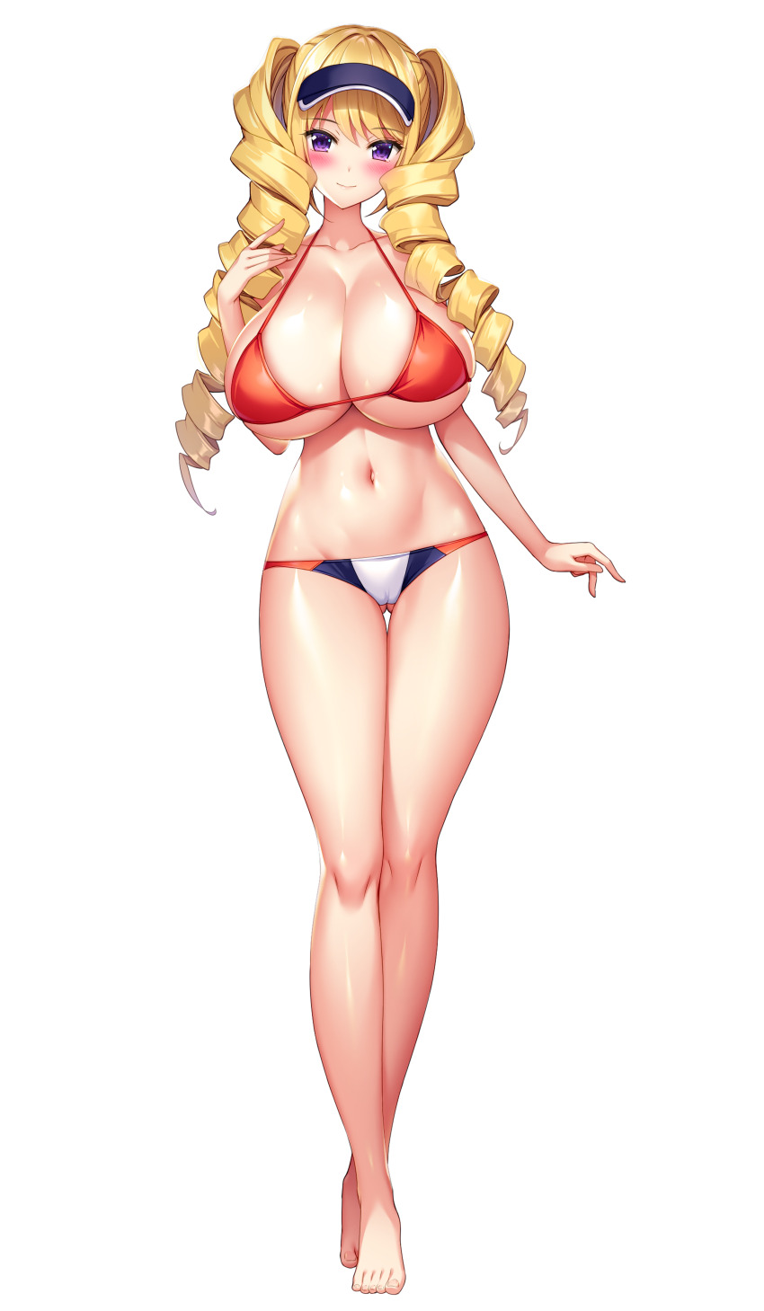 1girl absurdres ass barefoot beach_volleyball bikini blonde_hair blue_visor blush breasts cameltoe cleavage closed_mouth derauea drill_hair full_body game_cg gluteal_fold highres huge_breasts long_hair looking_at_viewer milk_factory motto!_haramase!_honoo_no_oppai_chou_ero_appli_gakuen! multicolored_bikini navel non-web_source official_art orange_bikini purple_eyes smile solo sonomiya_yukari sprite standing swimsuit tachi-e transparent_background twin_drills