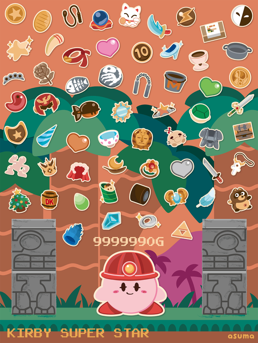 adobe_illustrator_(medium) armor atyuriko bamboo_shoot barrel black_eyes brass_knuckles bucket christmas_tree cloak copyright_name crown crystal crystal_ball donkey_kong_(series) doseisan egg f-zero feathers flower fossil fur-trimmed_cloak fur_trim glass_slipper heart helmet highres kirby kirby_(series) kirby_super_star koopa_troopa maneki-neko mario_&amp;_wario mario_(series) mask metroid mining_helmet mirror mother_(series) nintendo no_humans palm_tree phanto shell shield solid_oval_eyes super_mario_bros._2 surprised sword tanuki the_legend_of_zelda tooth tree triforce weapon whip