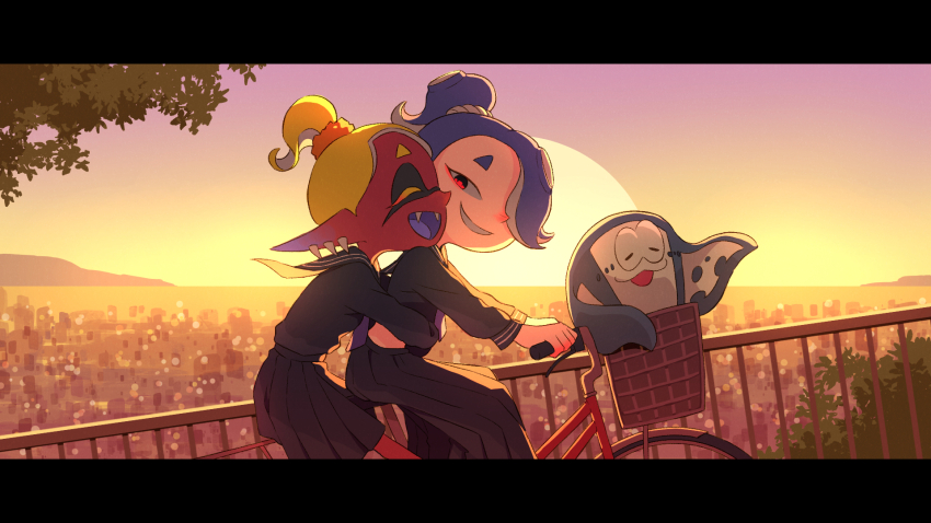 1boy 2girls :3 :d bicycle bicycle_basket big_man_(splatoon) big_man_(young)_(splatoon) black_sailor_collar black_serafuku black_shirt black_skirt blonde_hair blue_hair blue_skin blue_tongue city cityscape colored_eyelashes colored_skin colored_tongue dark-skinned_female dark_skin earrings eyeliner fangs frye_(splatoon) frye_(young)_(splatoon) gradient_skin gradient_sky grin hair_over_one_eye highres hug hug_from_behind inkling jewelry letterboxed long_pointy_ears long_skirt long_sleeves makeup manta_ray multicolored_skin multicolored_sky multiple_earrings multiple_girls necktie nintendo octoling open_mouth outdoors pleated_skirt pointy_ears ponytail purple_necktie purple_sky railing red_eyeliner red_eyes red_skin riding riding_bicycle sailor_collar school_uniform serafuku shirt shiver_(splatoon) shiver_(young)_(splatoon) short_eyebrows short_hair short_ponytail sideways_mouth skirt sky smile splatoon_(series) splatoon_3 suction_cups sun sunset tentacle_hair teo_(teorekka) tooth_earrings twilight two-tone_skin yellow_sky
