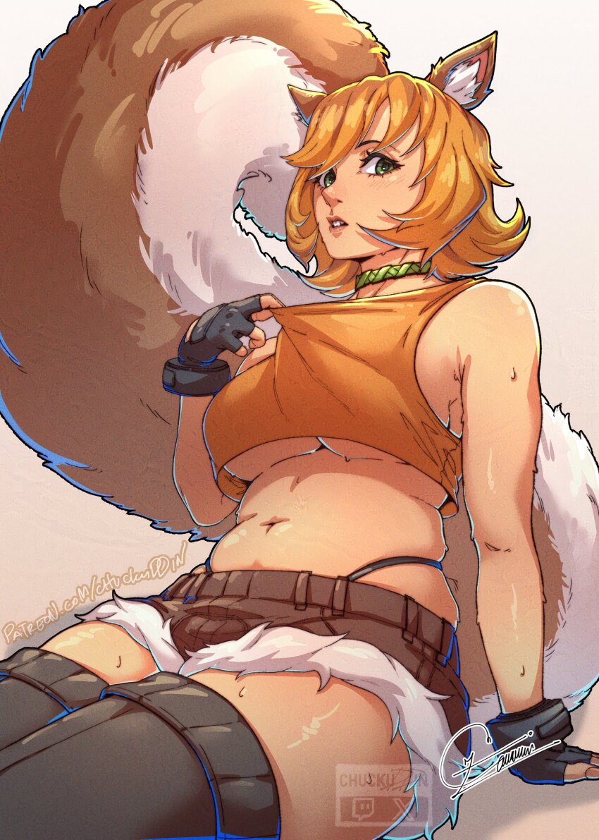 1girl animal_ears arm_support breasts brown_hair brown_tail buck_teeth chuckuddin crop_top fingerless_gloves gloves green_eyes highres large_tail marvel marvel_rivals micro_shorts no_bra panty_straps shirt_tug short_hair shorts sitting sleeveless solo squirrel_ears squirrel_girl squirrel_girl_(marvel) sweat tail teeth thighhighs thighs underboob