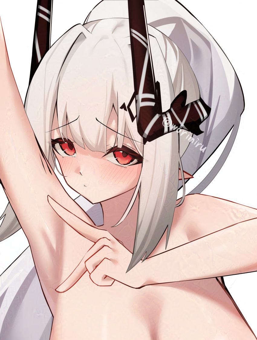 1girl absurdres arknights arm_up armpits artist_name blush breasts closed_mouth completely_nude highres horns large_breasts long_hair looking_at_viewer mudrock_(arknights) nude out-of-frame_censoring pointy_ears ponytail presenting_armpit red_eyes sidelocks simple_background solo twitter_username upper_body white_background worimehl