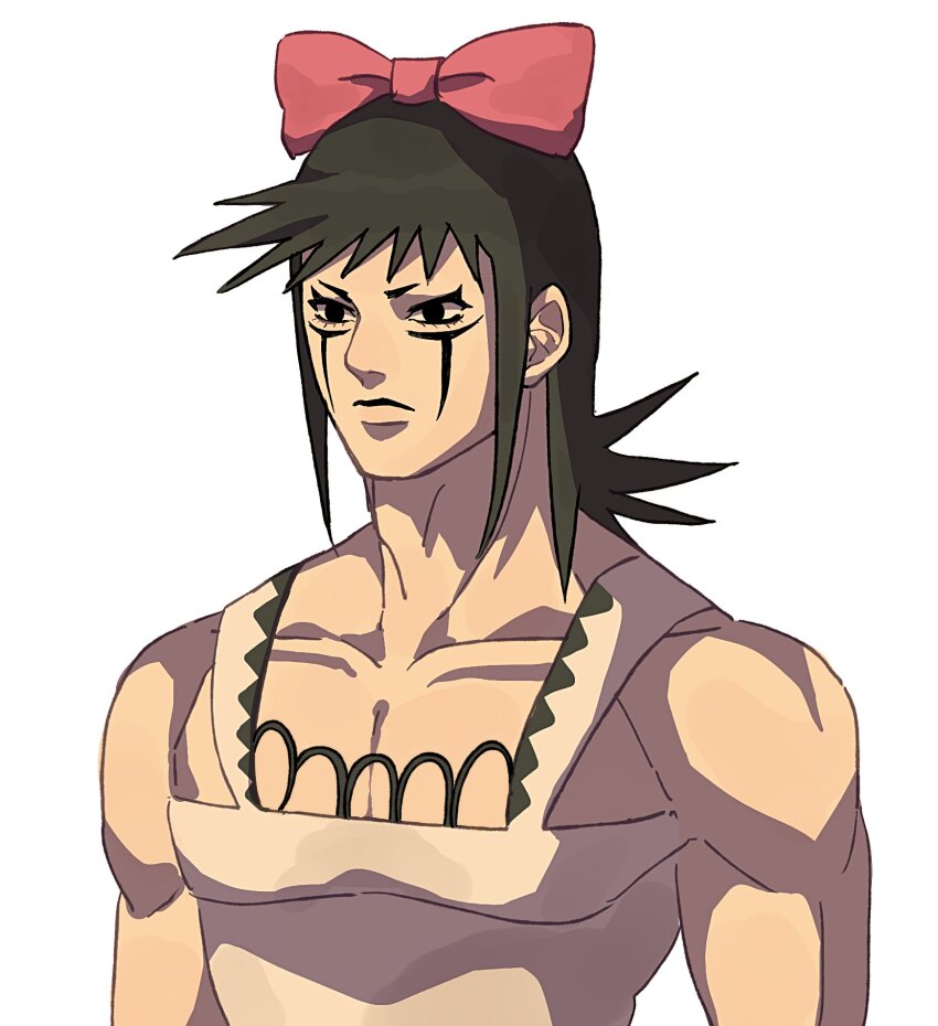 1boy black_eyes black_hair bow charming_man crossdressing crossdressing_(mtf) facial_mark hair_bow highres jojo_no_kimyou_na_bouken long_hair male_focus manly overalls pectoral_cleavage pectorals pink_bow siniy solo the_jojolands white_overalls