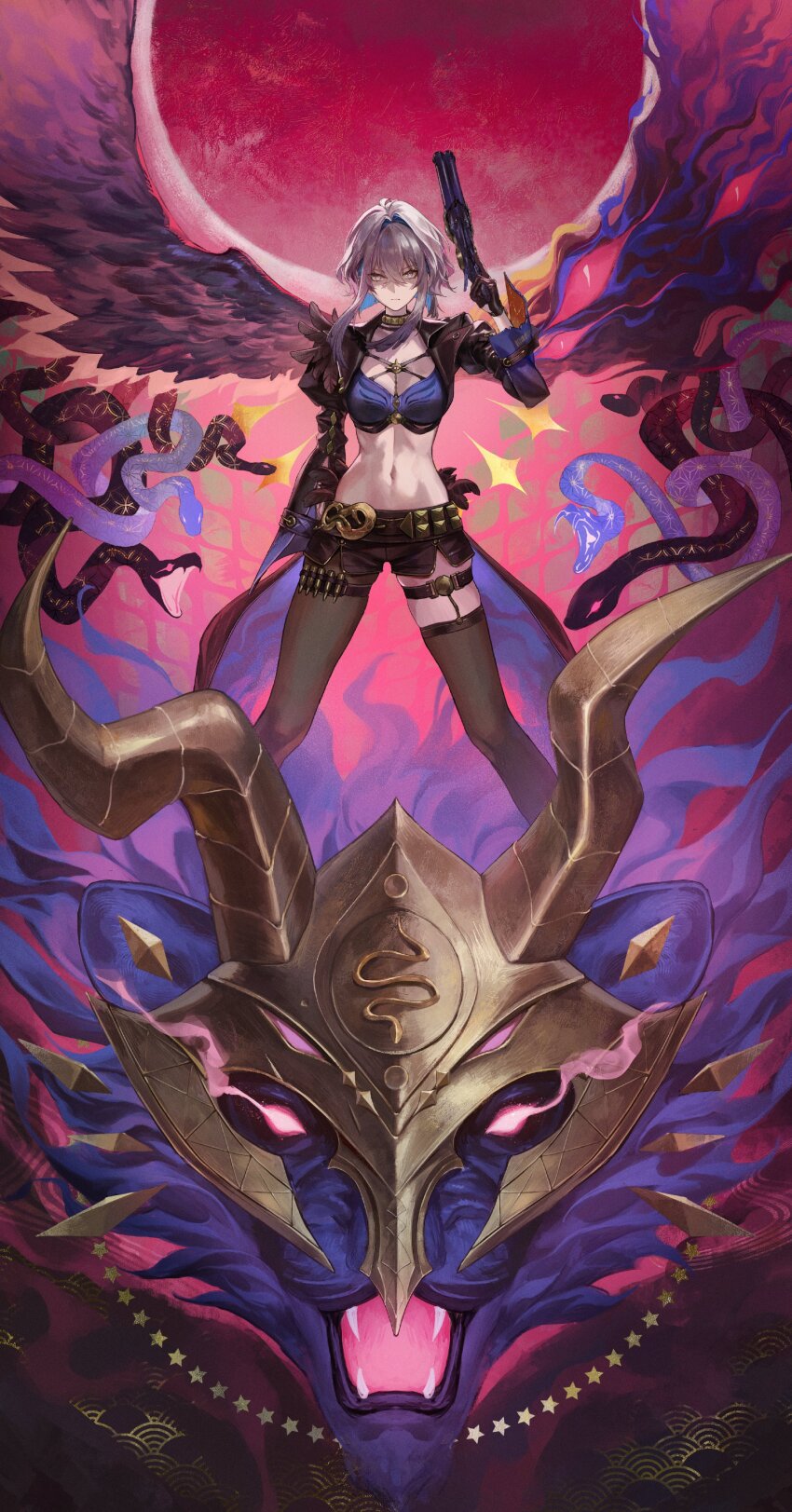 1girl absurdres asymmetrical_wings black_gloves black_jacket black_pantyhose black_shorts black_thighhighs blue_bra bra breasts chimera_(wuthering_waves) colored_inner_hair commentary cropped_jacket daniel_deng feathered_wings galbrena_(wuthering_waves) gloves grey_hair gun hair_between_eyes hand_up highres holding holding_gun holding_weapon jacket looking_at_viewer medium_breasts medium_hair mismatched_wings multicolored_hair navel pantyhose purple_eyes short_shorts shorts single_leg_pantyhose single_thighhigh stomach tacet_discord_(wuthering_waves) thigh_strap thighhighs underwear weapon wings wuthering_waves