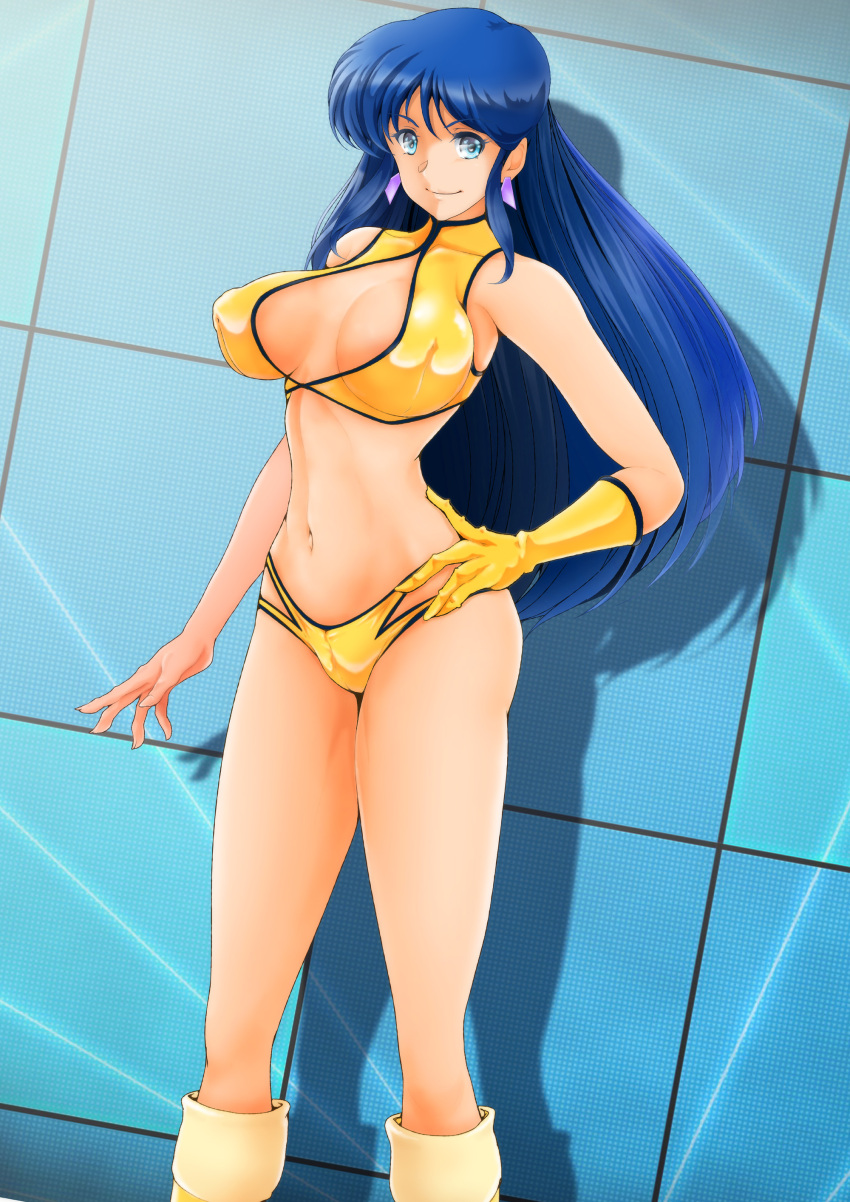 1girl absurdres bare_arms bare_shoulders bikini blue_eyes blue_hair boots breasts cleavage closed_mouth commentary_request covered_collarbone covered_erect_nipples crop_top dirty_pair earrings fingernails hand_on_own_hip highleg highleg_panties highres jewelry knee_boots large_breasts long_hair long_sleeves looking_at_viewer midriff nanashi_noiji navel panties shadow shiny_clothes simple_background smile solo stomach swimsuit thighs underwear yellow_bikini yuri_(dirty_pair)