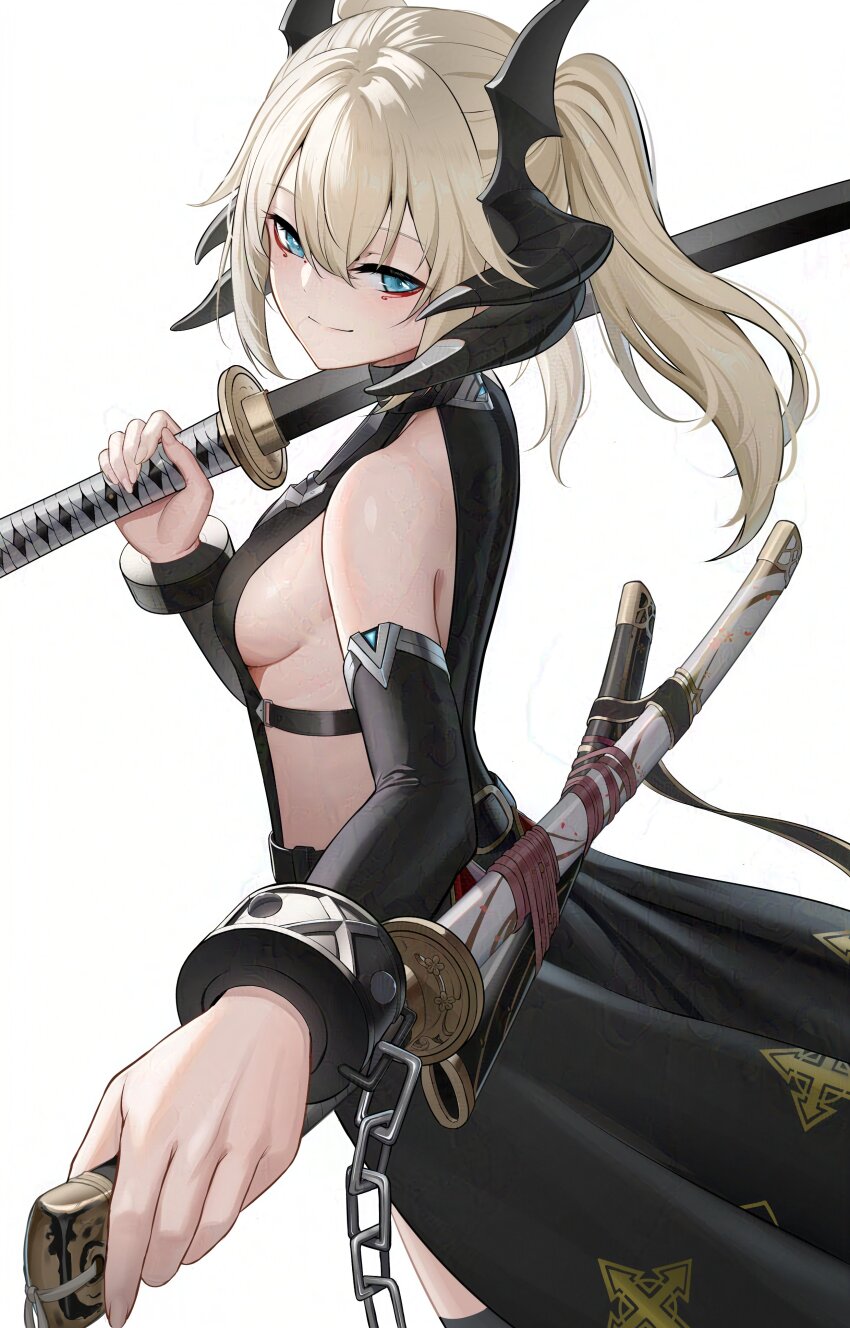 1girl absurdres black_horns black_robe black_sleeves blonde_hair blue_eyes breasts character_request closed_mouth commentary_request commission detached_sleeves dual_wielding highres holding horns katana long_hair looking_at_viewer original over_shoulder robe scabbard sheath sheathed sideboob sion_(9117) skeb_commission small_breasts smile solo sword sword_on_back sword_over_shoulder unsheathing weapon weapon_on_back weapon_over_shoulder white_background wrist_chain