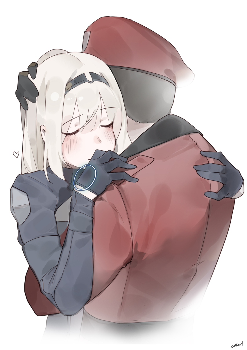 1boy 1girl absurdres an-94_(girls&#039;_frontline) beret black_gloves black_hair black_hairband blonde_hair blush closed_eyes commander_(girls&#039;_frontline) commentary coteri covenant_halo_(girls&#039;_frontline_2) english_commentary girls&#039;_frontline girls&#039;_frontline_2:_exilium gloves griffin_&amp;_kryuger_military_uniform hairband hat heart highres hug long_hair red_hat short_hair simple_background white_background